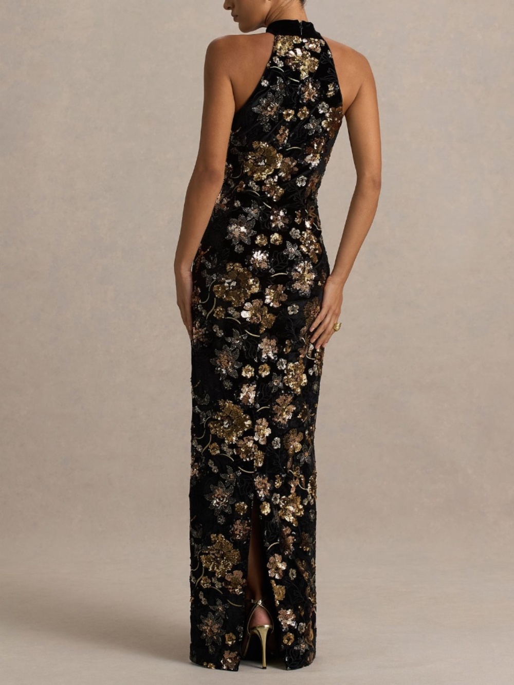 TATE Black Velvet Halter-Neck Maxi Dress With Bronze Floral Sequin Embellishment - Picture 3 of 5